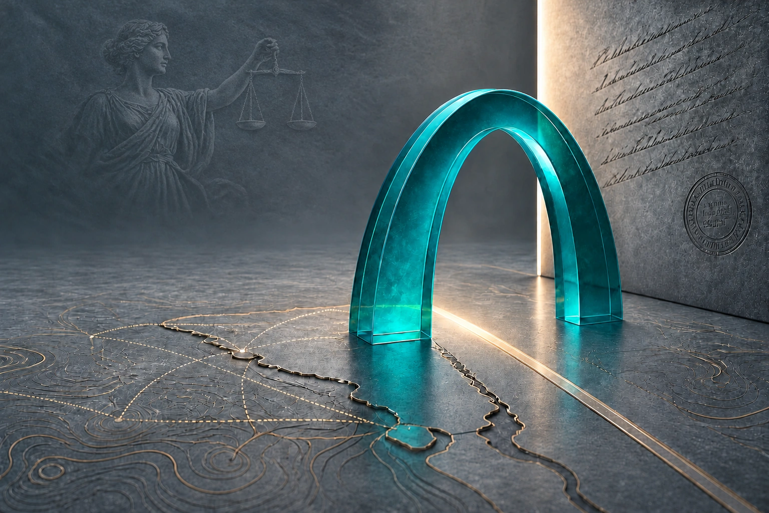 Teal glass arch above a detailed map and contour lines in a refined stone interior